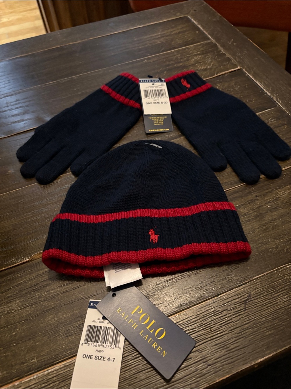 Polo by Ralph Lauren Navy and Red Knit Hat & Gloves Set
